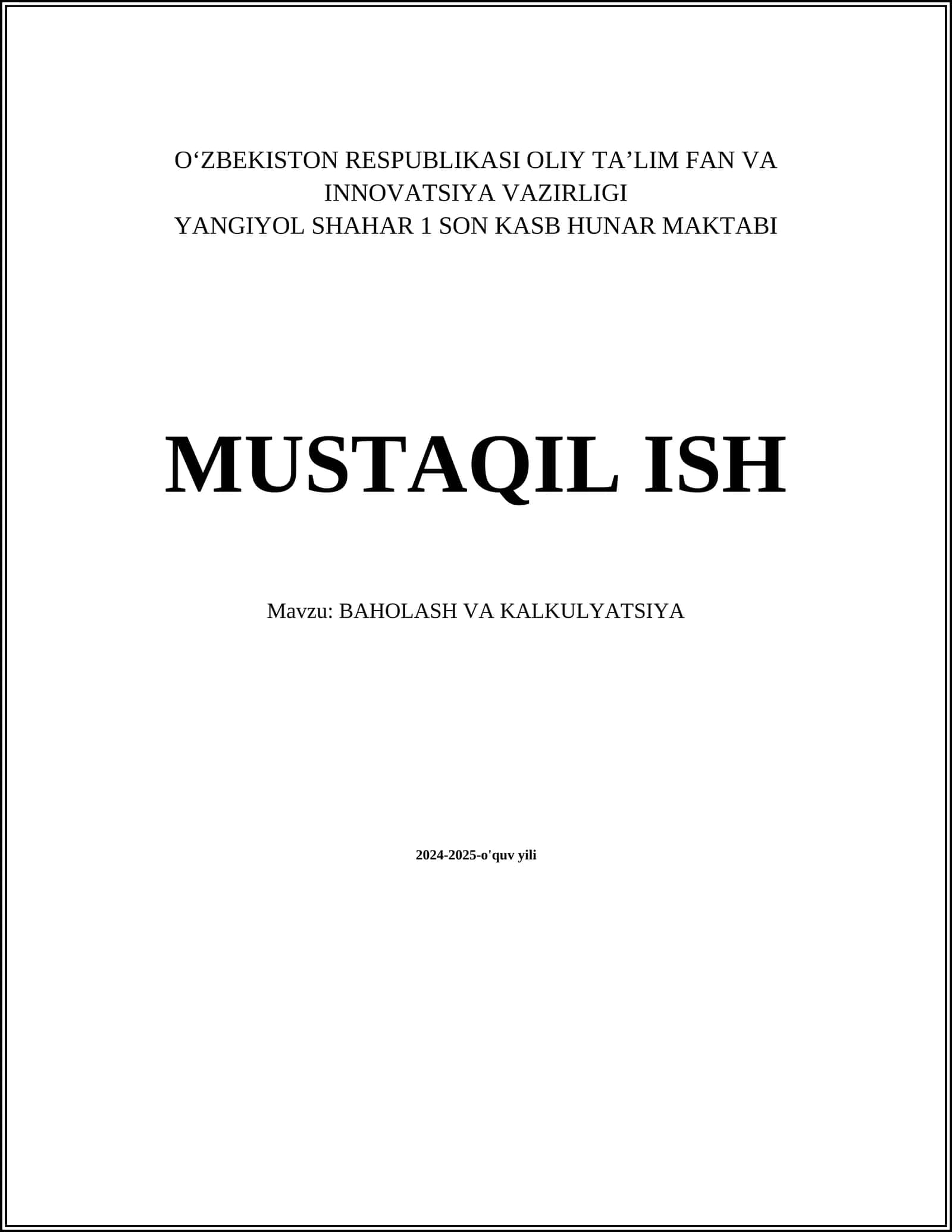 BAHOLASH VA KALKULYATSIYA
