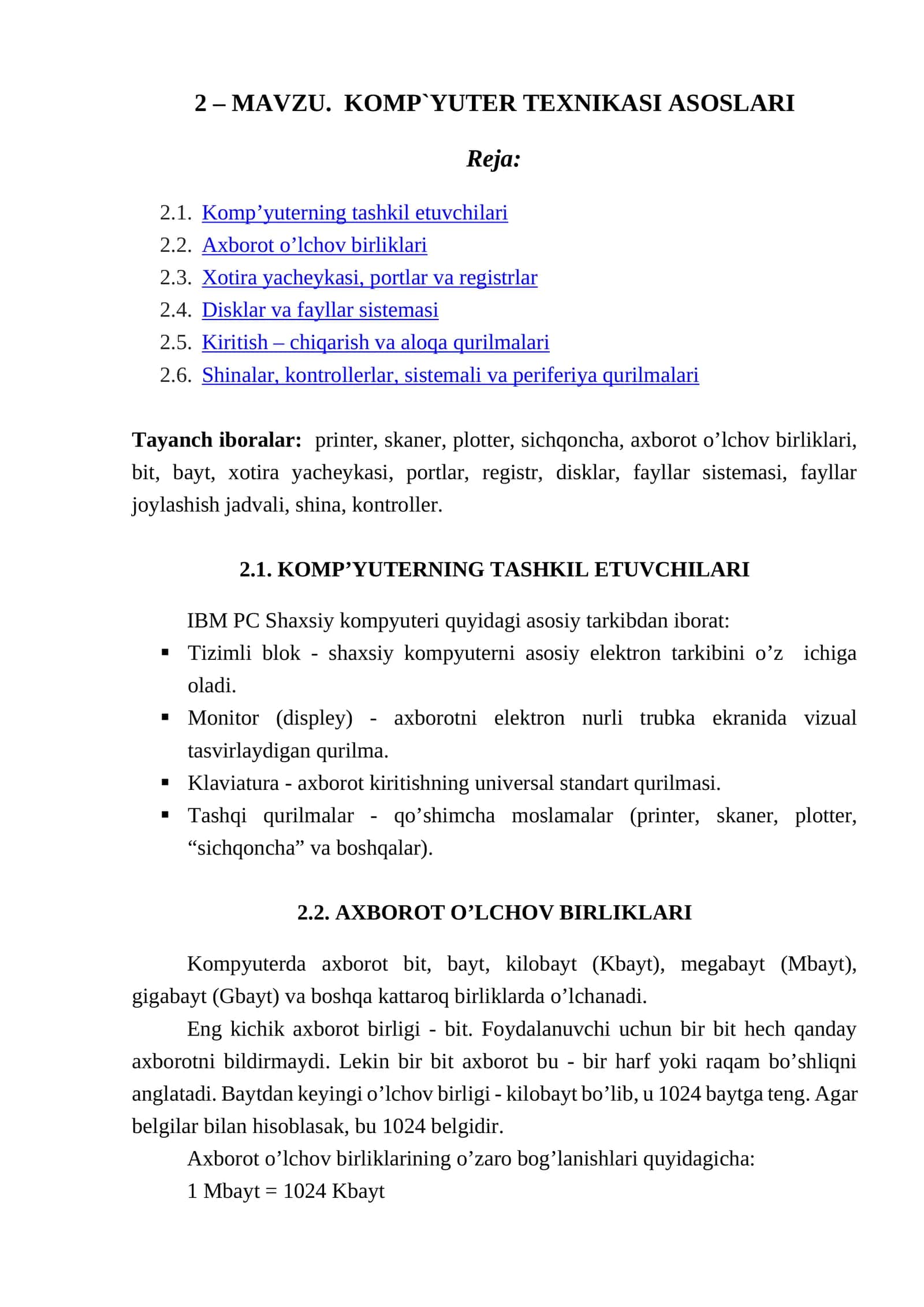 KOMP`YUTER TEXNIKASI ASOSLARI