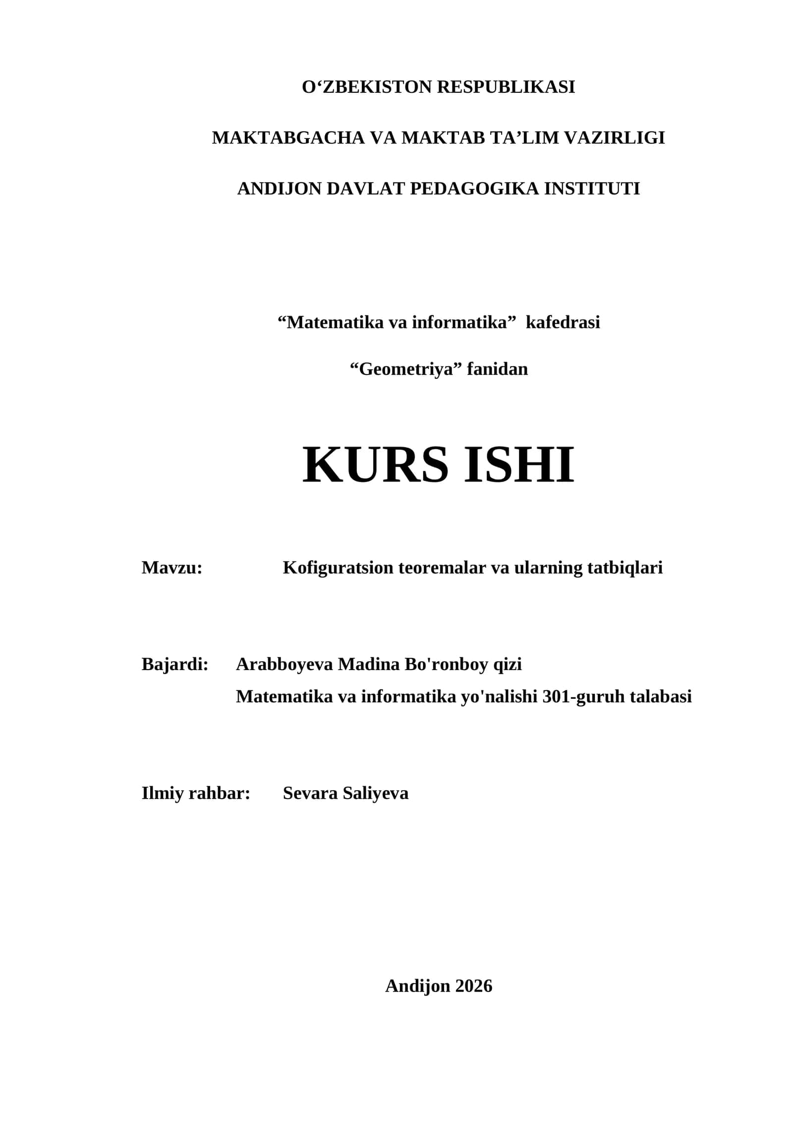 Kofiguratsion teoremalar va ularning tatbiqlari
