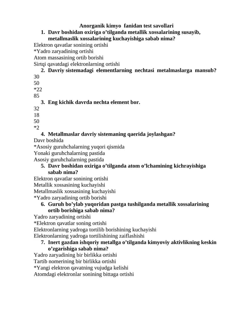 Anorganik kimyo fanidan test savollari