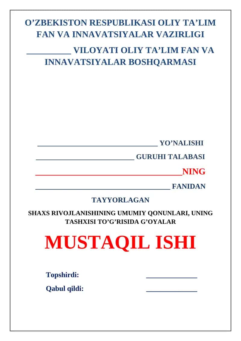 Shaxs rivojlanishining umumiy qonunlari, uning tashxisi to’g’risida g’oyalar