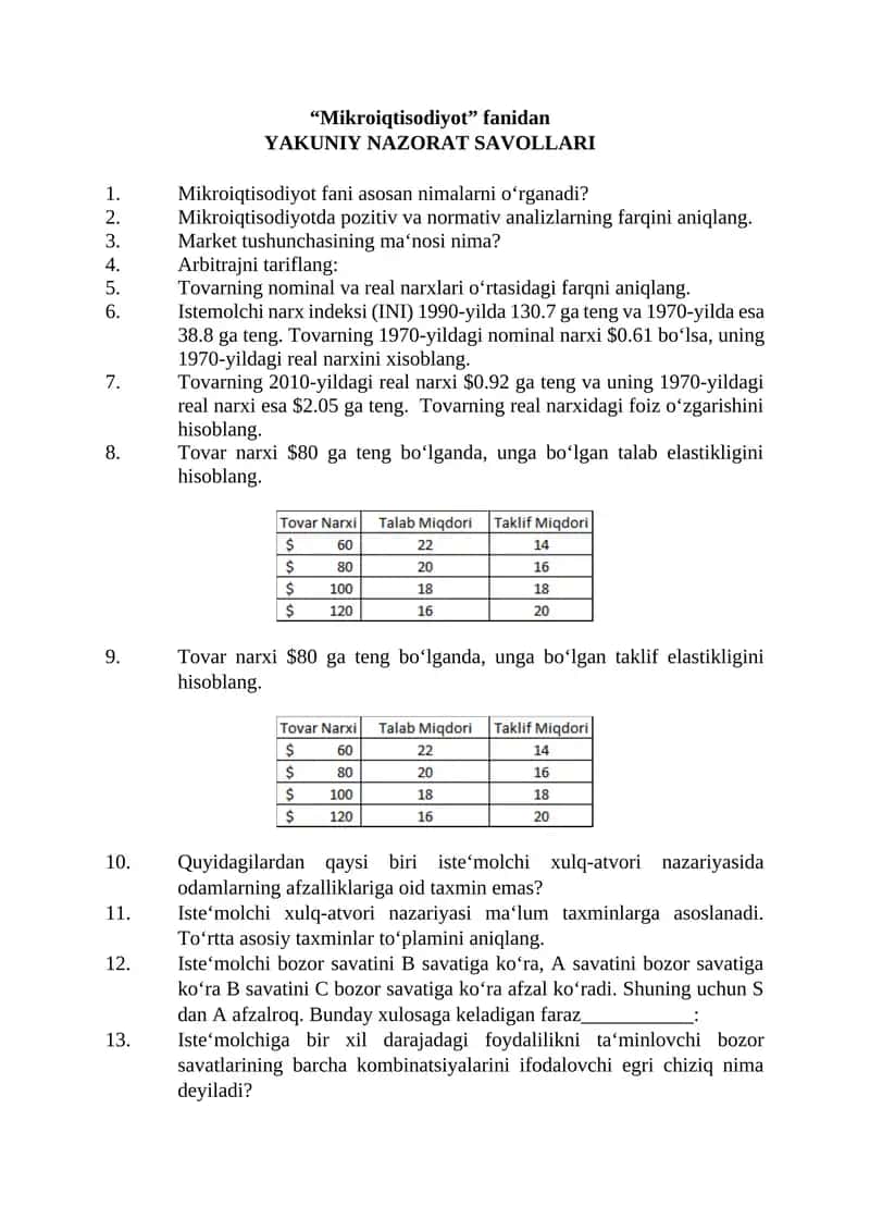 Mikroiqtisodiyot fanidan Yakuniy Nazorat Savollari