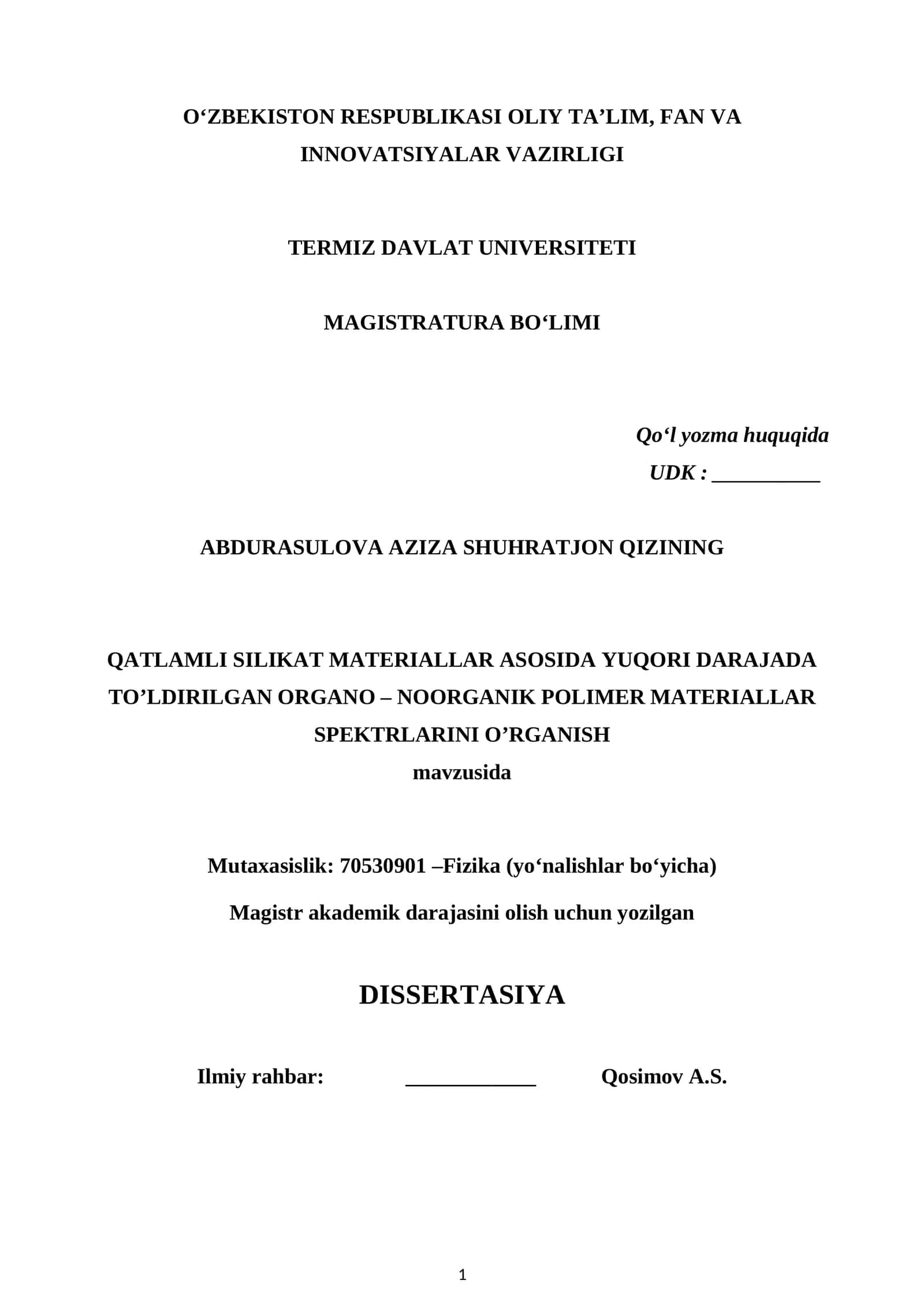 QATLAMLI SILIKATLAR BILAN TO’LDIRILGAN ORGANO – NOORGANIK POLIMER MATERIALLAR
