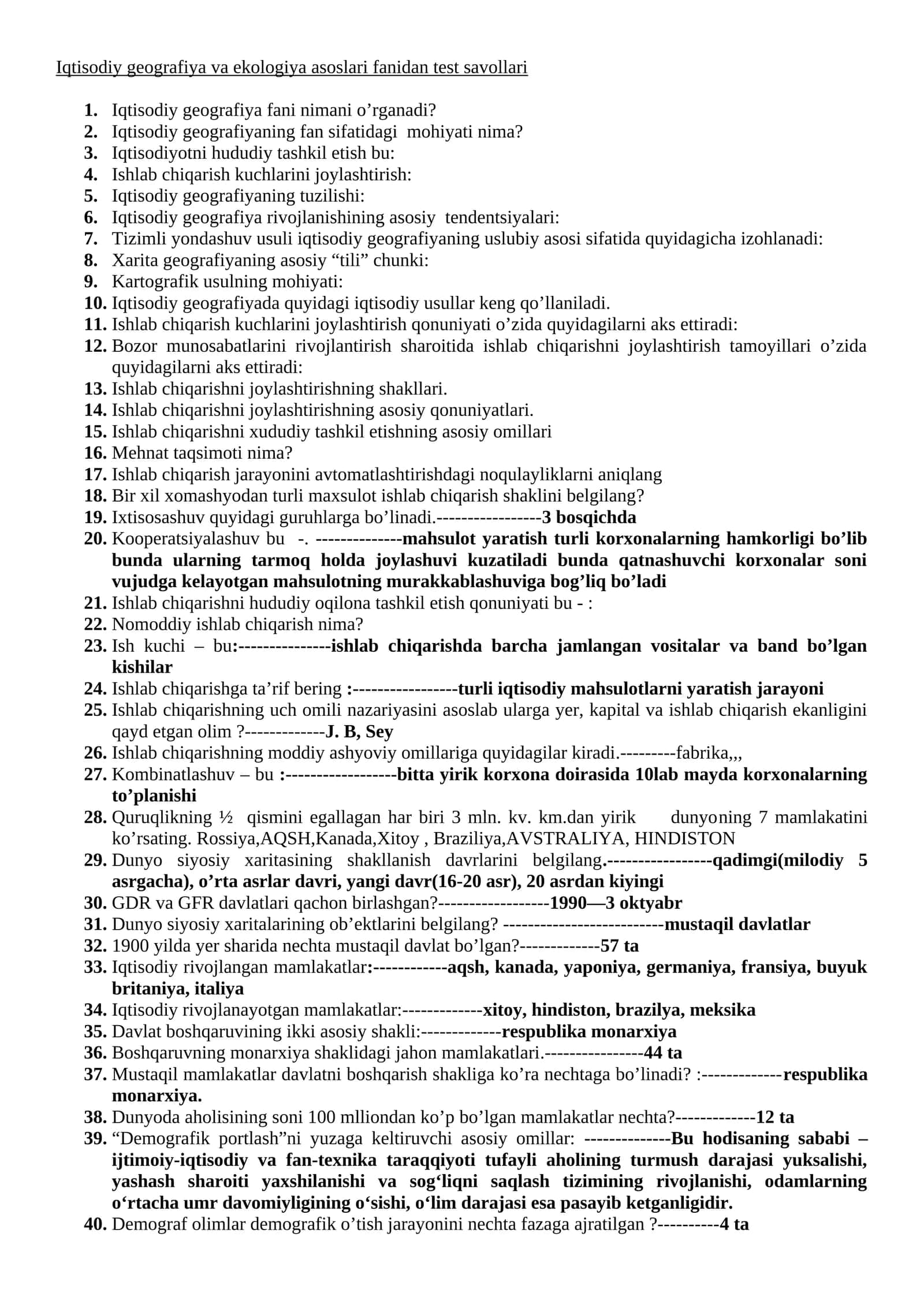 Iqtisodiy geografiya va ekologiya asoslari fanidan test savollari