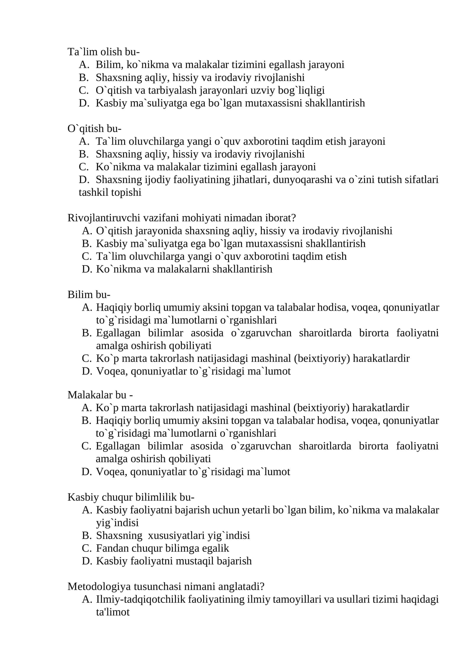 Ta'lim nazariyasi va metodologiyasi asoslari testlar