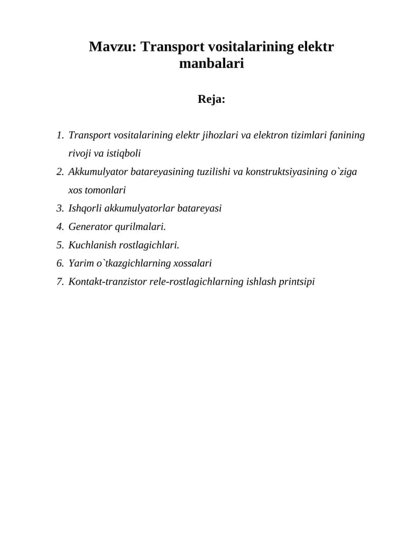 Transport vositalarining elektr manbalari
