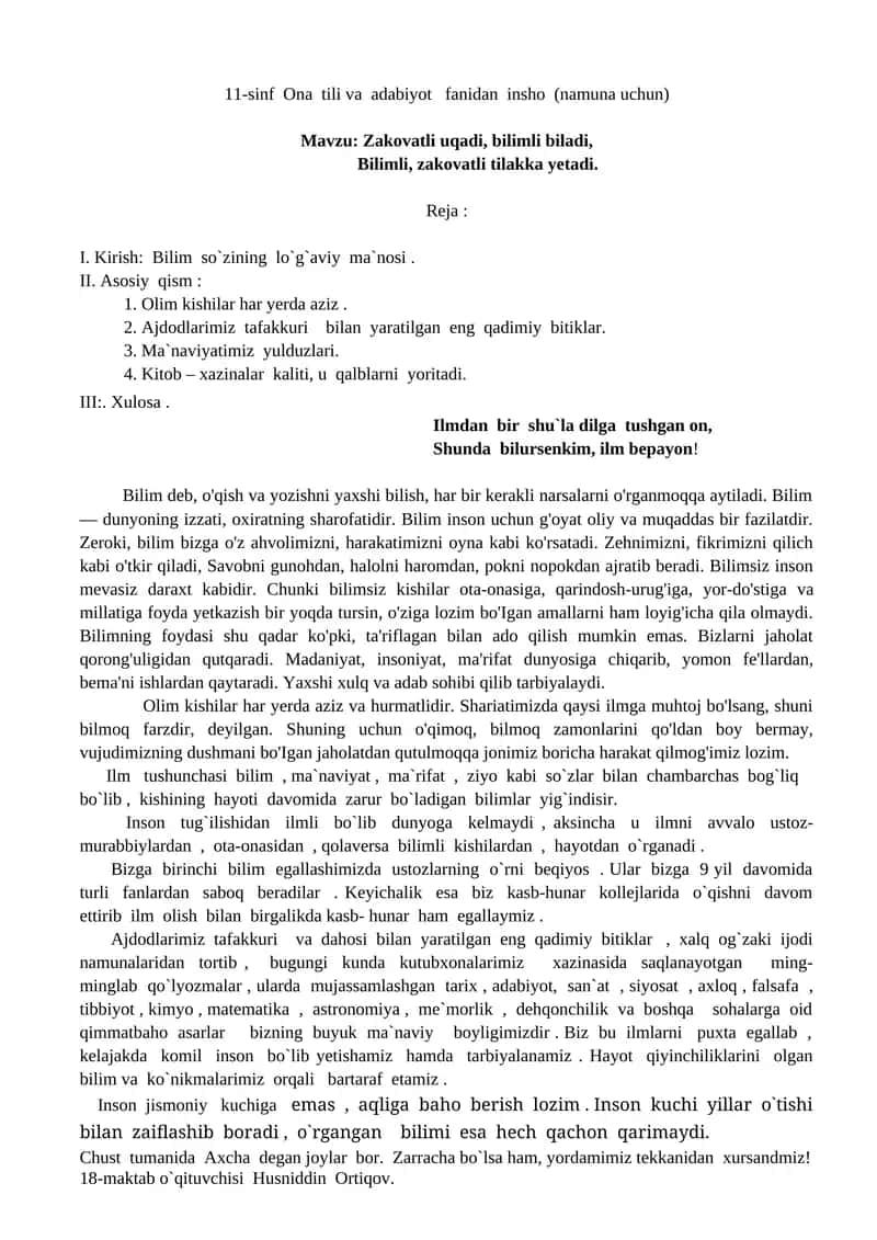 11-sinf Ona tili va adabiyot fanidan insho (namuna uchun)