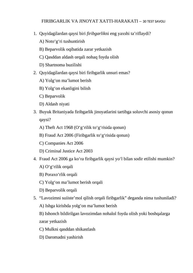 FIRIBGARLIK VA JINOYAT XATTI-HARAKATI - 30 TEST SAVOLI