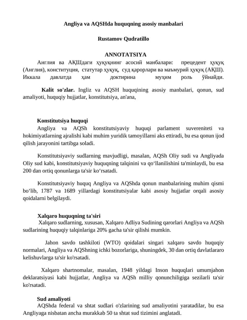 Angliya va AQSHda huquqning asosiy manbalari