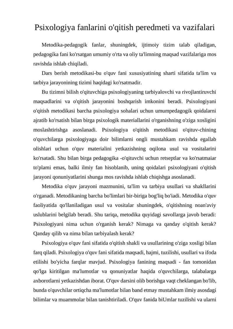 Psixologiya fanlarini o'qitish peredmeti va vazifalari