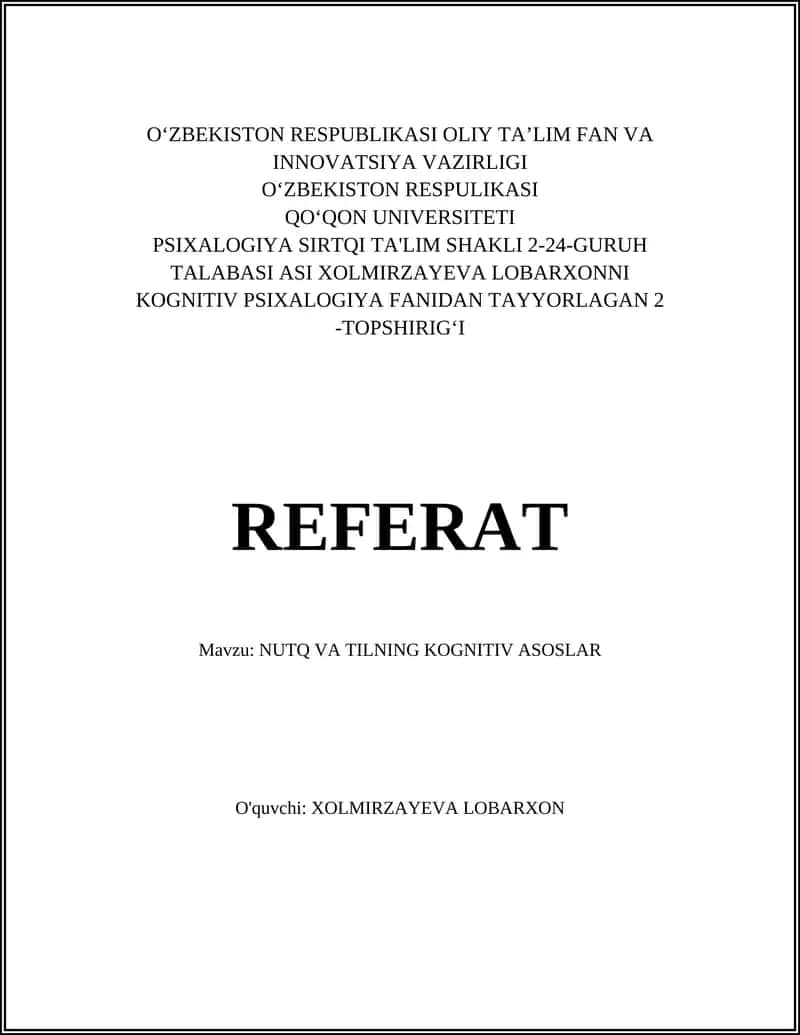 PSIXALOGIYA SIRTQI TA'LIM SHAKLI 2-24-GURUH TALABASI ASI XOLMIRZAYEVA LOBARXONNI KOGNITIV PSIXALOGIYA FANIDAN TAYYORLAGAN 2 -TOPSHIRIG‘I