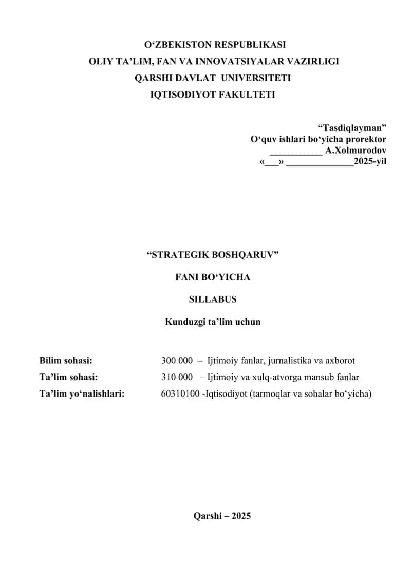Strategik boshqaruv fanidan sillabus