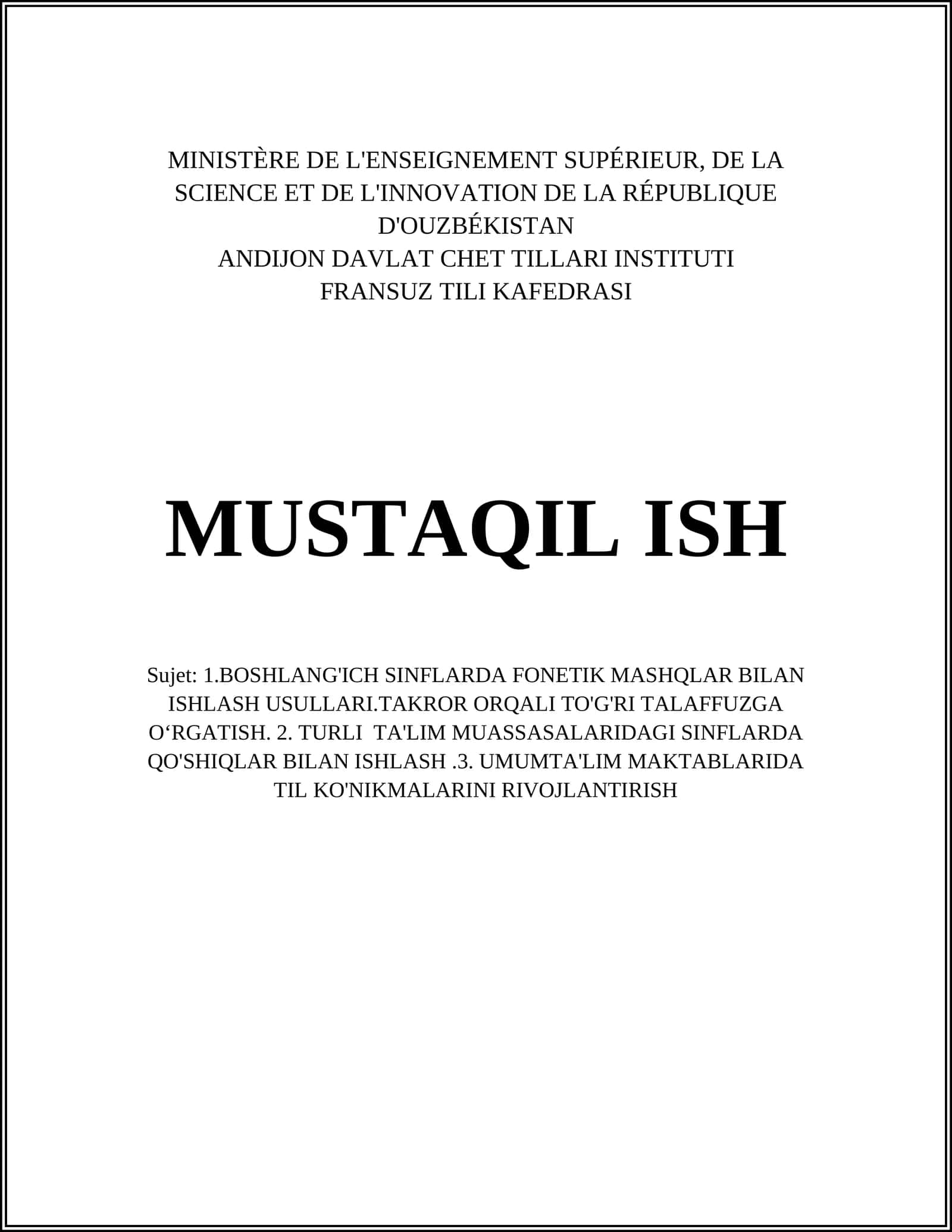 FRANSUZ TILI KAFEDRASI MUSTAQIL ISH