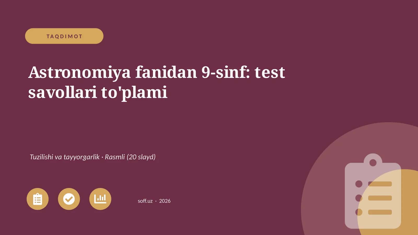 Astronomiya fanidan 9-sinf: test savollari to'plami