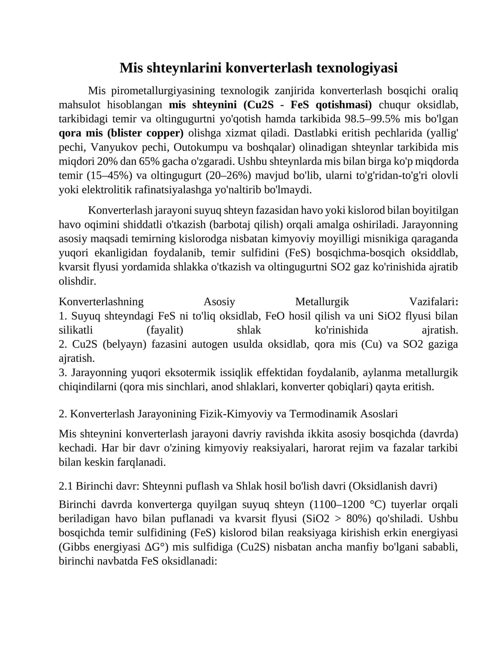 Mis shteynlarini konverterlash texnologiyasi