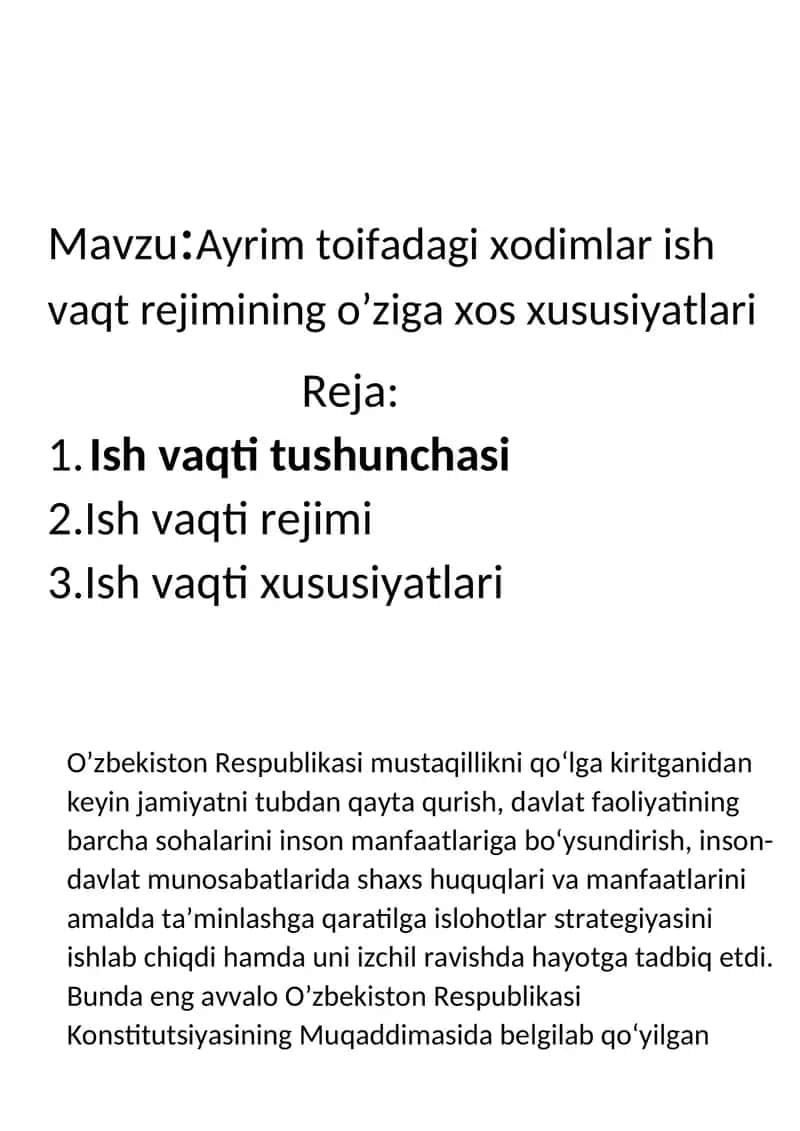 Ayrim toifadagi xodimlar ish vaqt rejimining o’ziga xos xususiyatlari