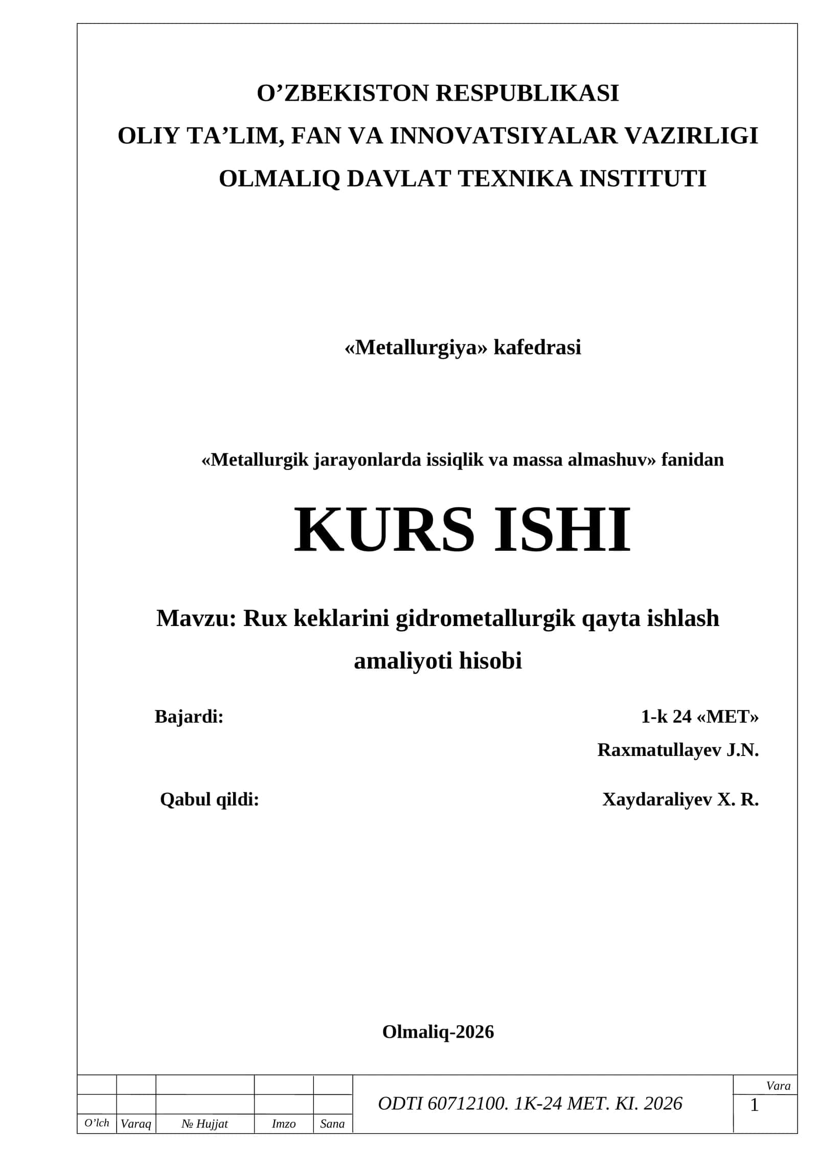 Rux keklarini gidrometallurgik qayta ishlash amaliyoti hisobi