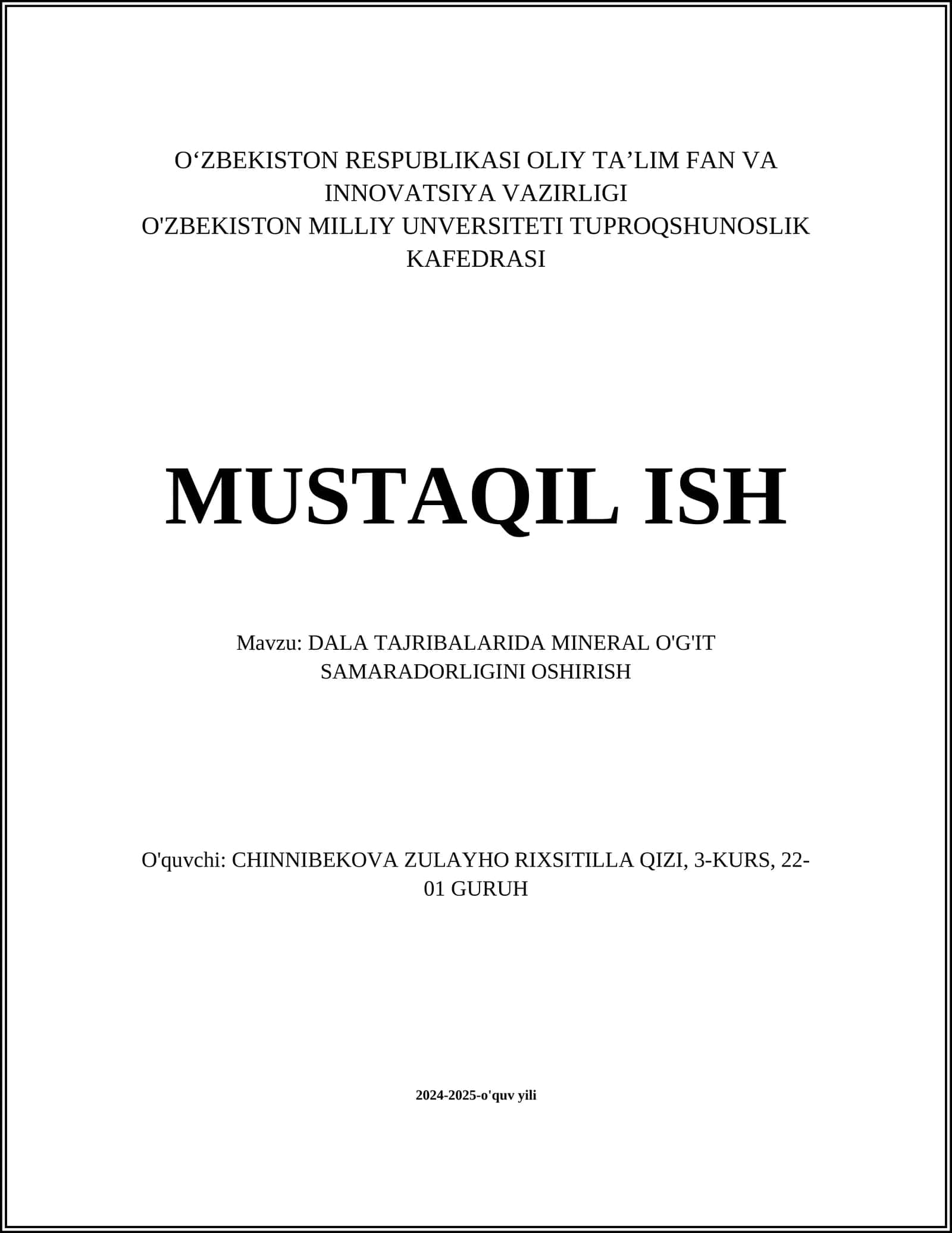 DALA TAJRIBALARIDA MINERAL O'G'IT SAMARADORLIGINI OSHIRISH