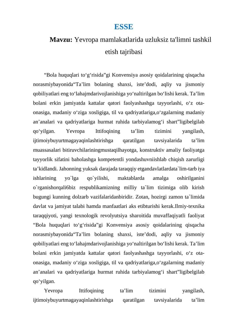 Yevropa mamlakatlarida uzluksiz ta'limni tashkil etish tajribasi