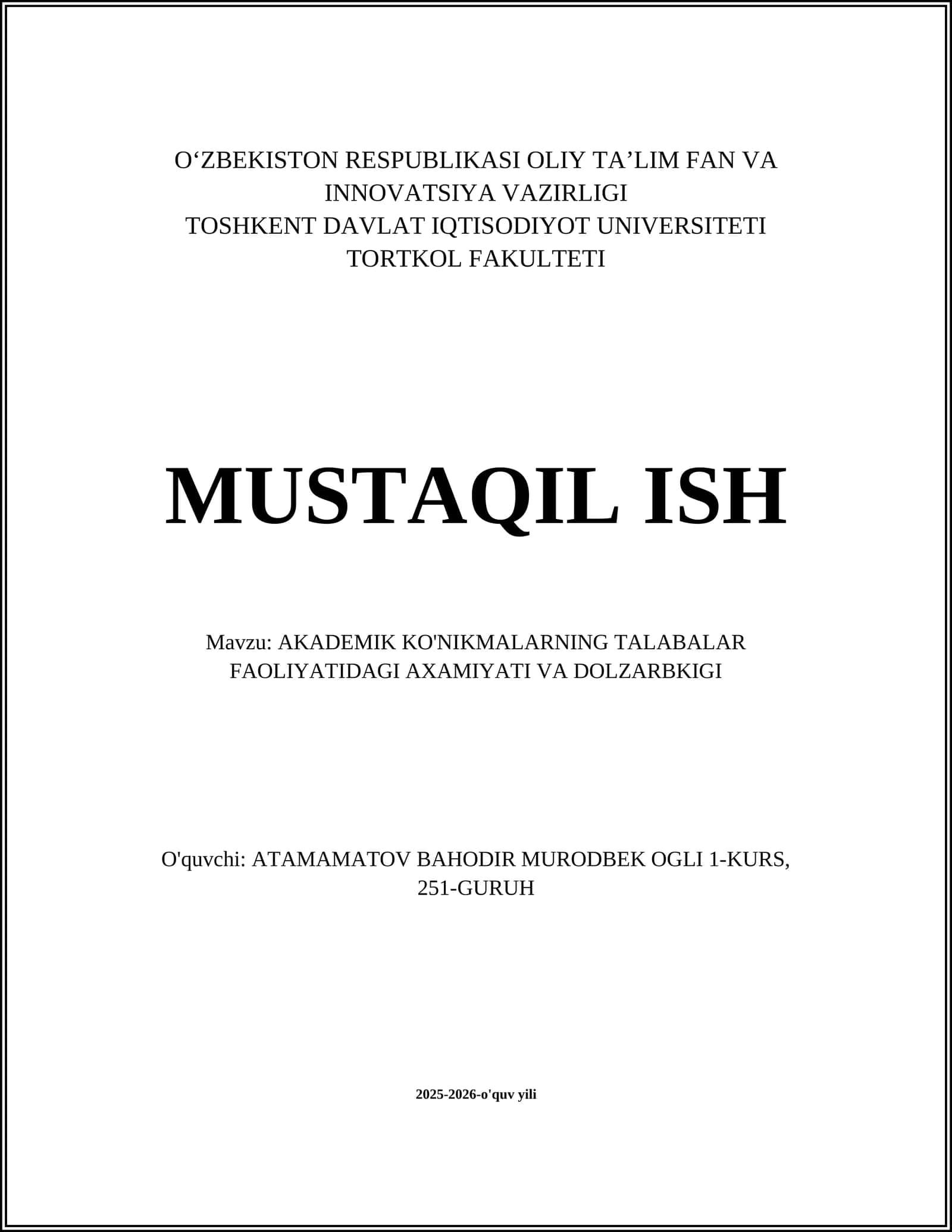AKADEMIK KO'NIKMALARNING TALABALAR FAOLIYATIDAGI AXAMIYATI VA DOLZARBKIGI