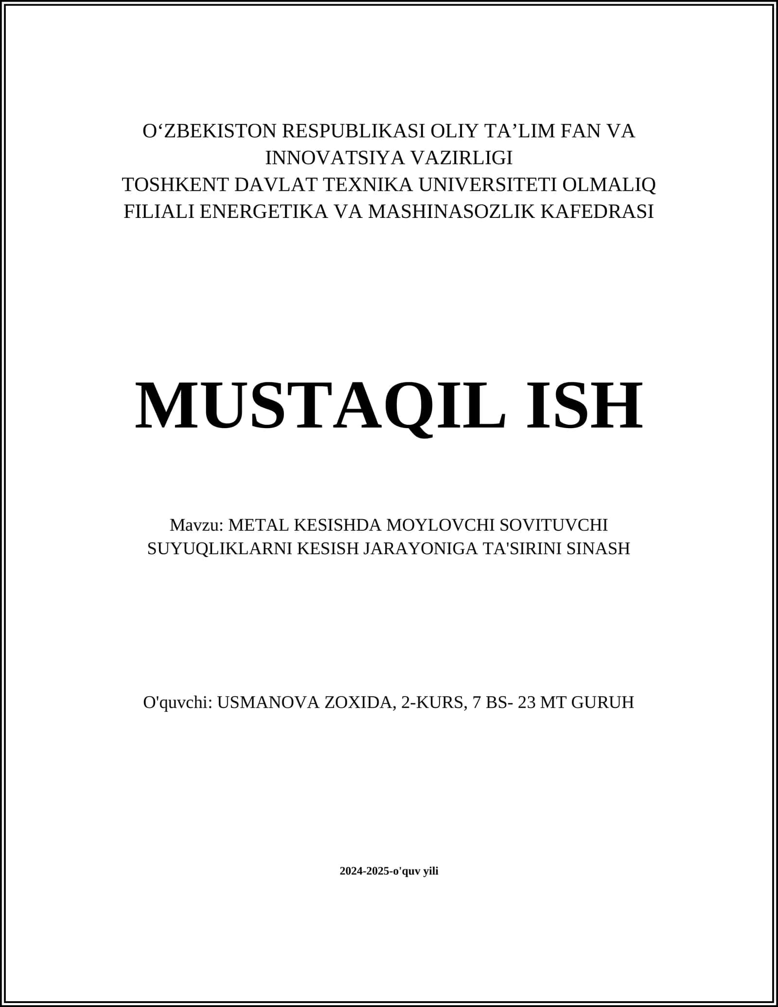 METAL KESISHDA MOYLOVCHI SOVITUVCHI SUYUQLIKLARNI KESISH JARAYONIGA TA'SIRINI SINASH