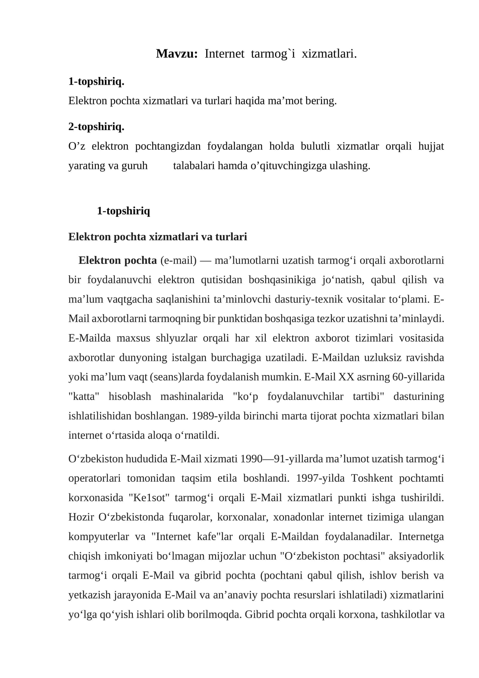 Internet tarmog`i xizmatlari