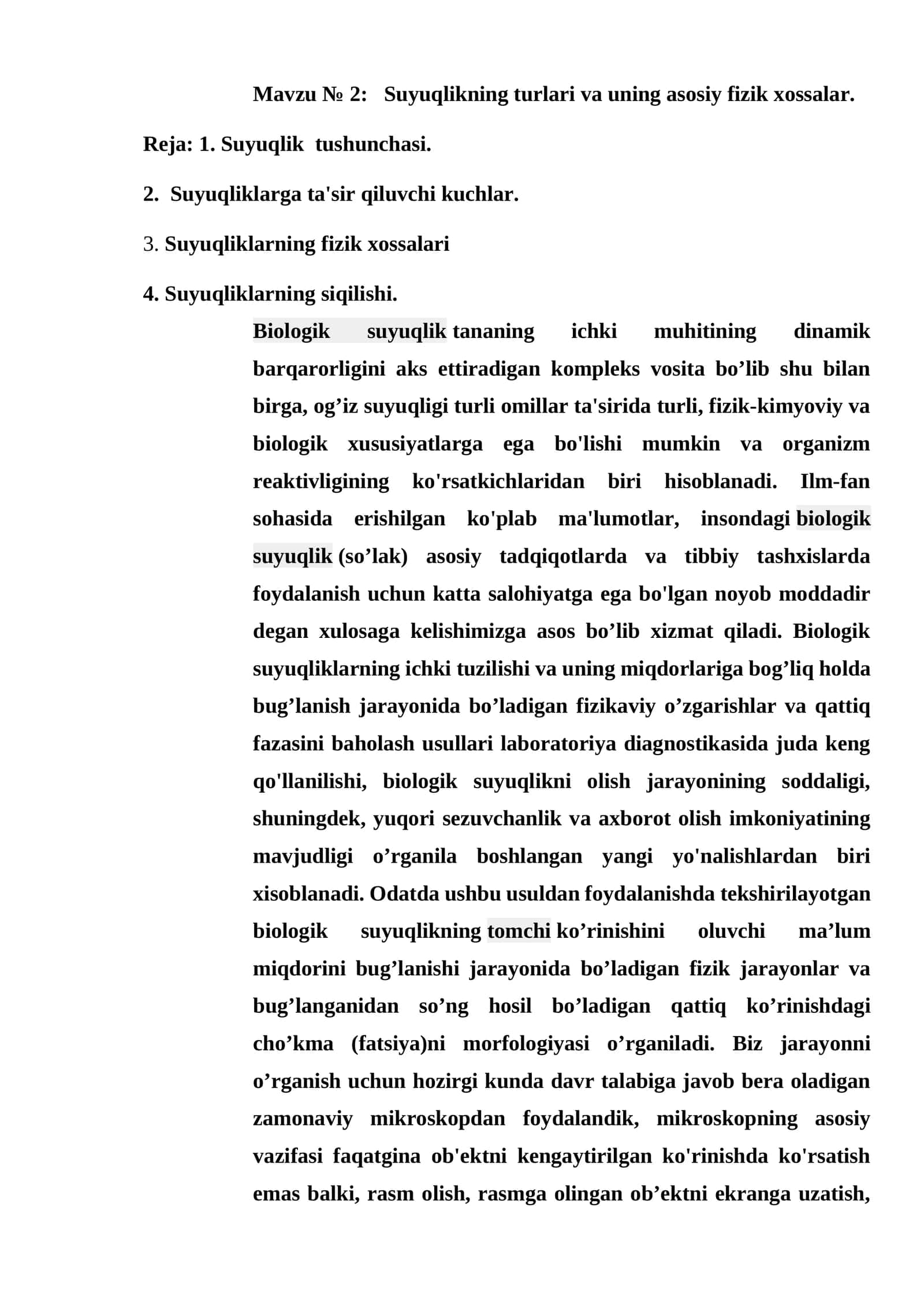 Suyuqlikning turlari va uning asosiy fizik xossalar