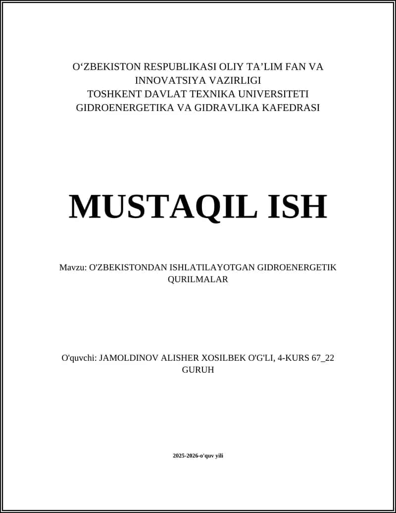 O'ZBEKISTONDAN ISHLATILAYOTGAN GIDROENERGETIK QURILMALAR