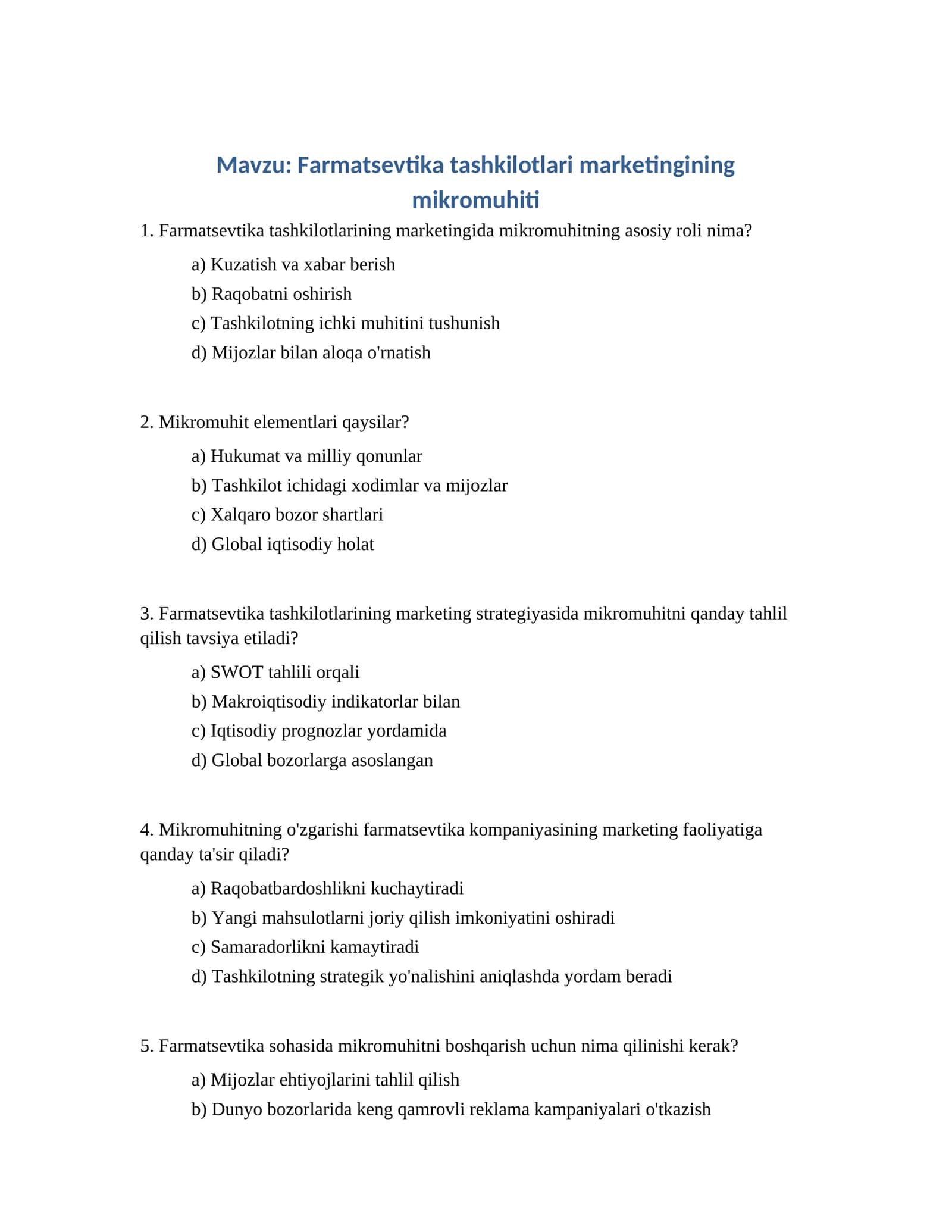 Farmatsevtika tashkilotlari marketingining mikromuhiti