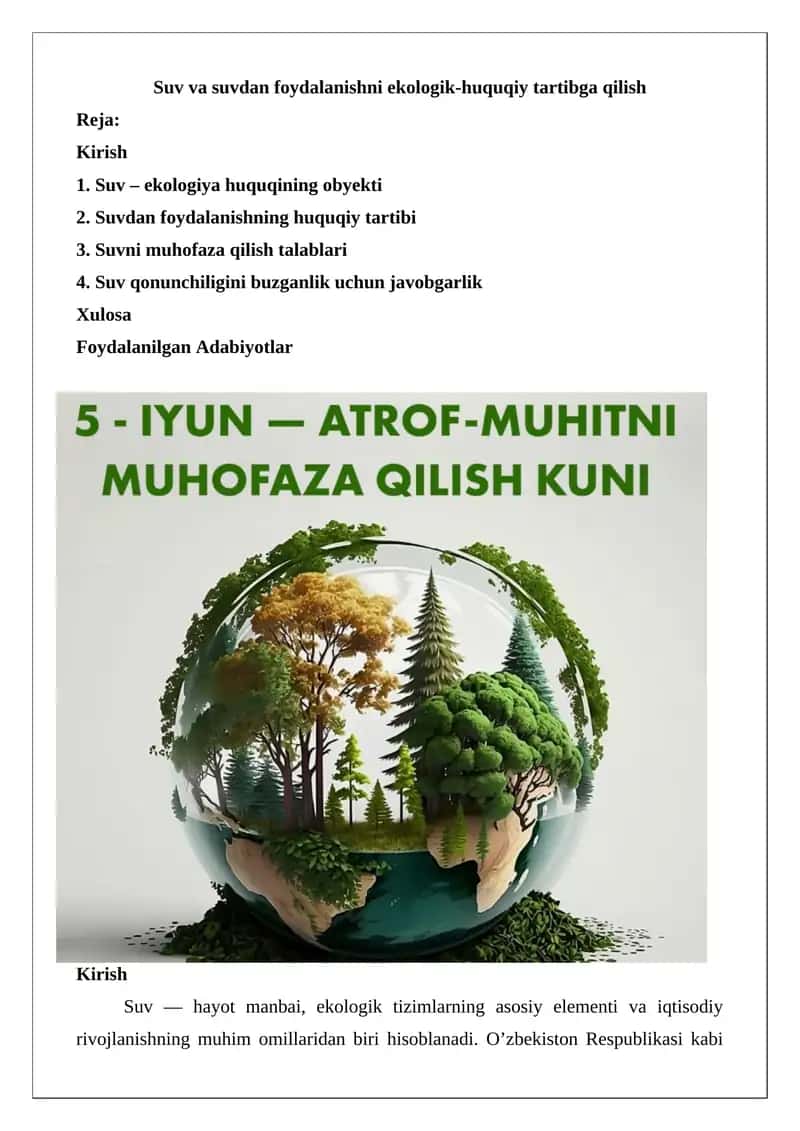 Suv va suvdan foydalanishni ekologik-huquqiy tartibga qilish
