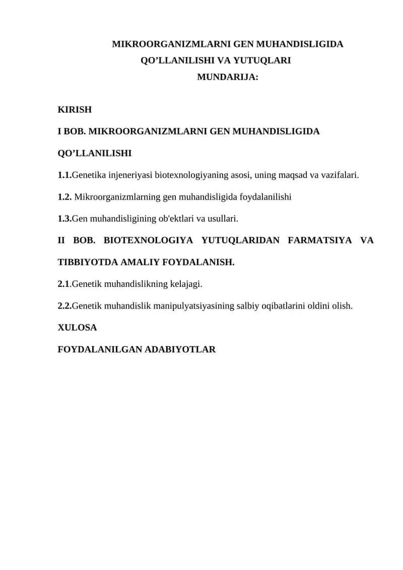 MIKROORGANIZMLARNI GEN MUHANDISLIGIDA QOLLANILISHI VA YUTUQLARI. Kurs ishi