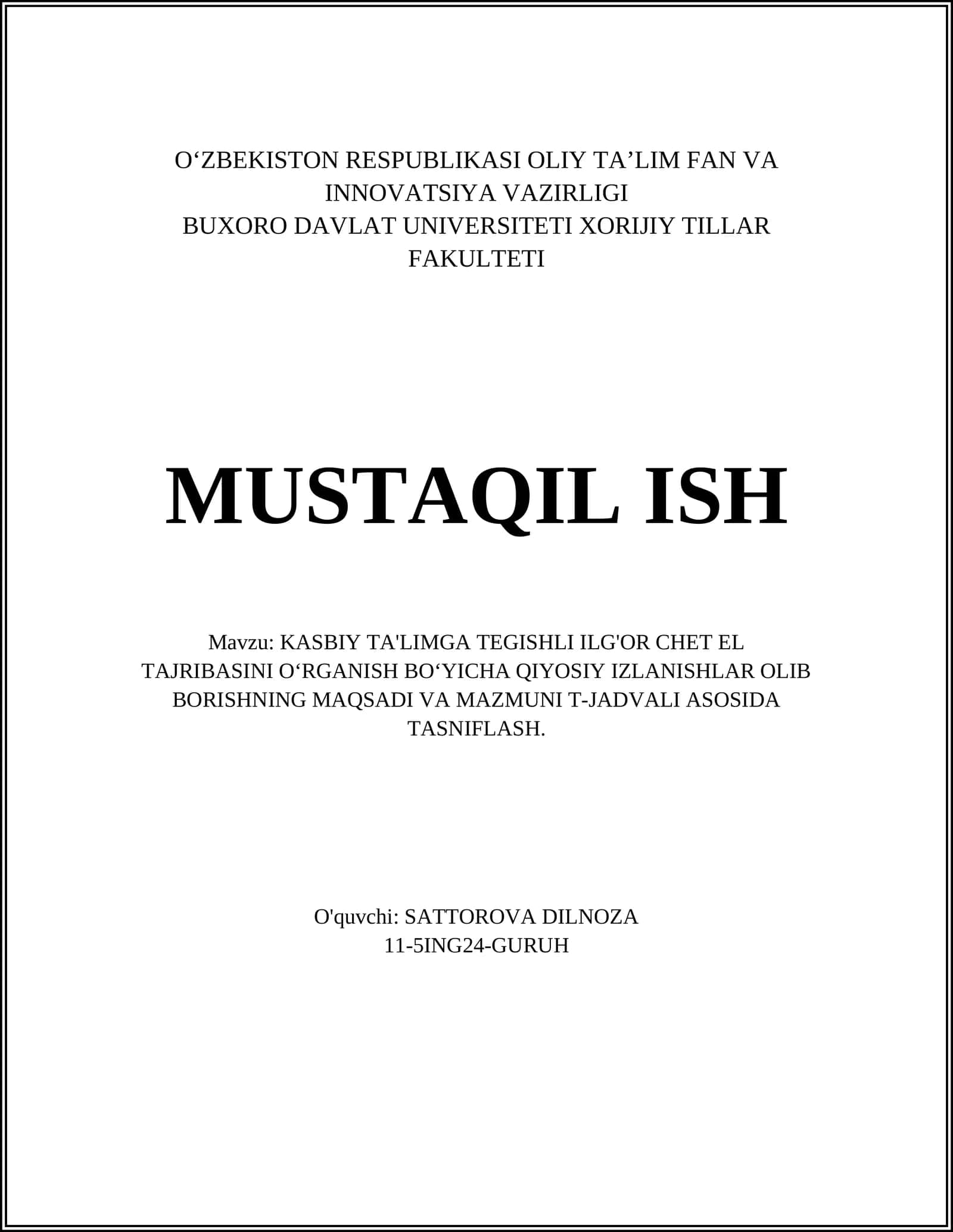 KASBIY TA'LIMGA TEGISHLI ILG'OR CHET EL TAJRIBASINI O‘RGANISH BO‘YICHA QIYOSIY IZLANISHLAR