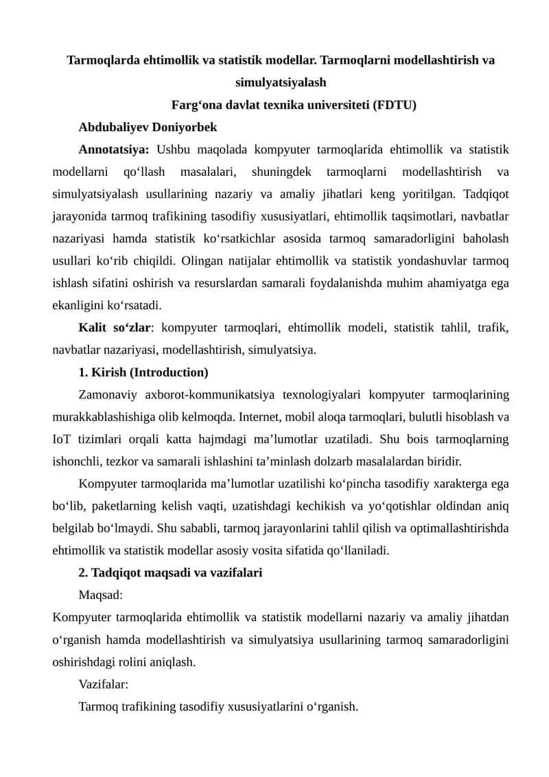Kompyuter tarmoqlarida ehtimollik va statistik modellar