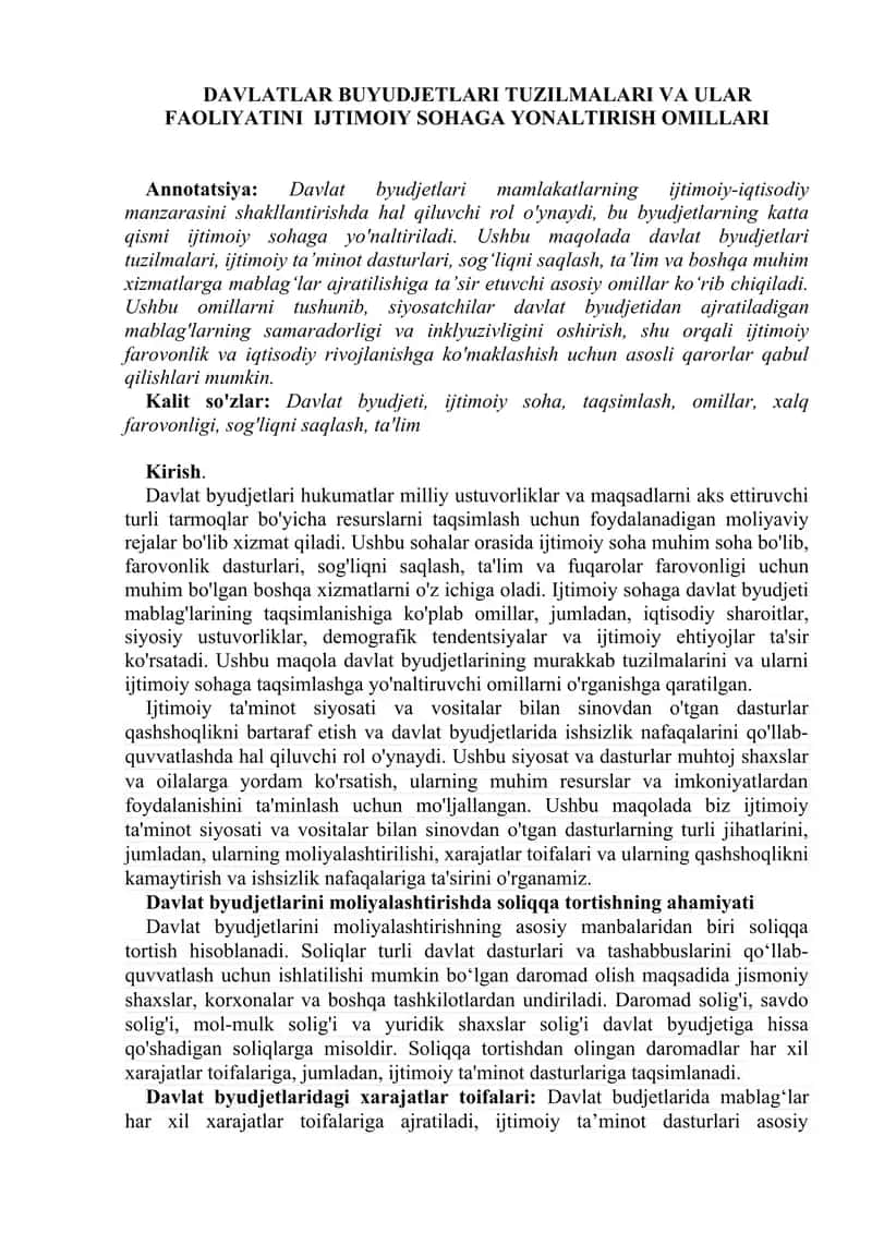 DAVLATLAR BUYUDJETLARI TUZILMALARI VA ULAR FAOLIYATINI IJTIMOIY SOHAGA YONALTIRISH OMILLARI