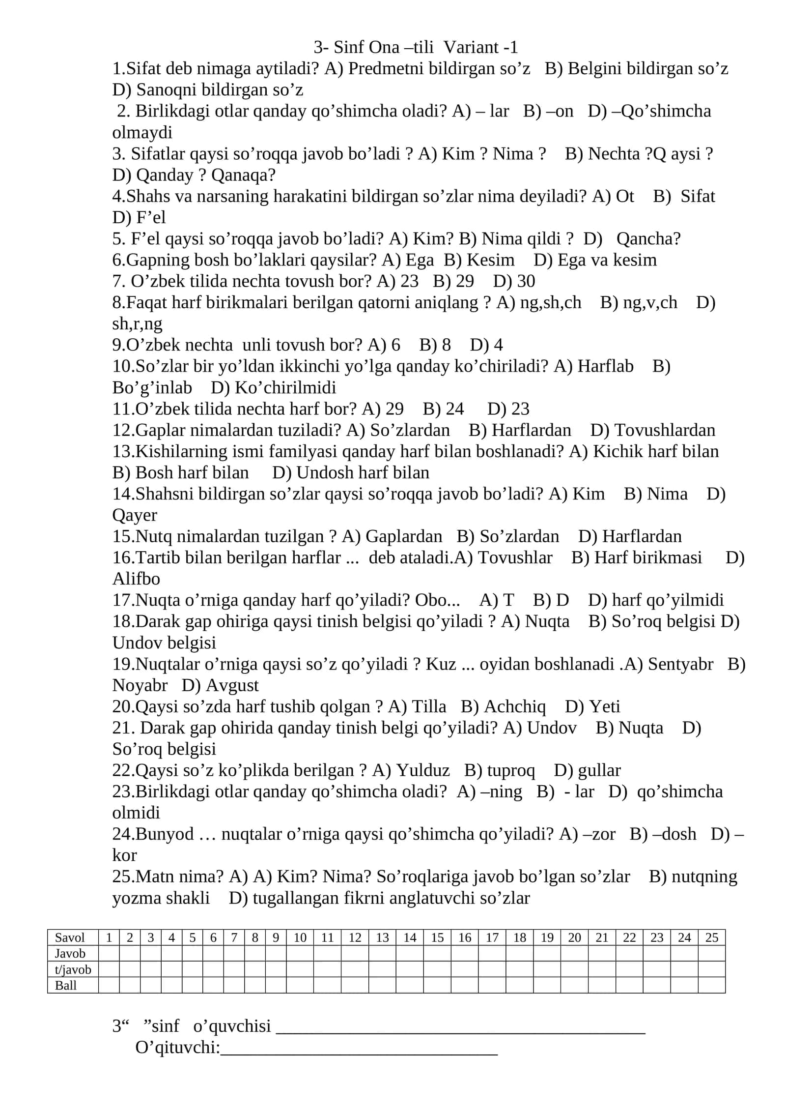 3- Sinf Ona –tili Variant -1