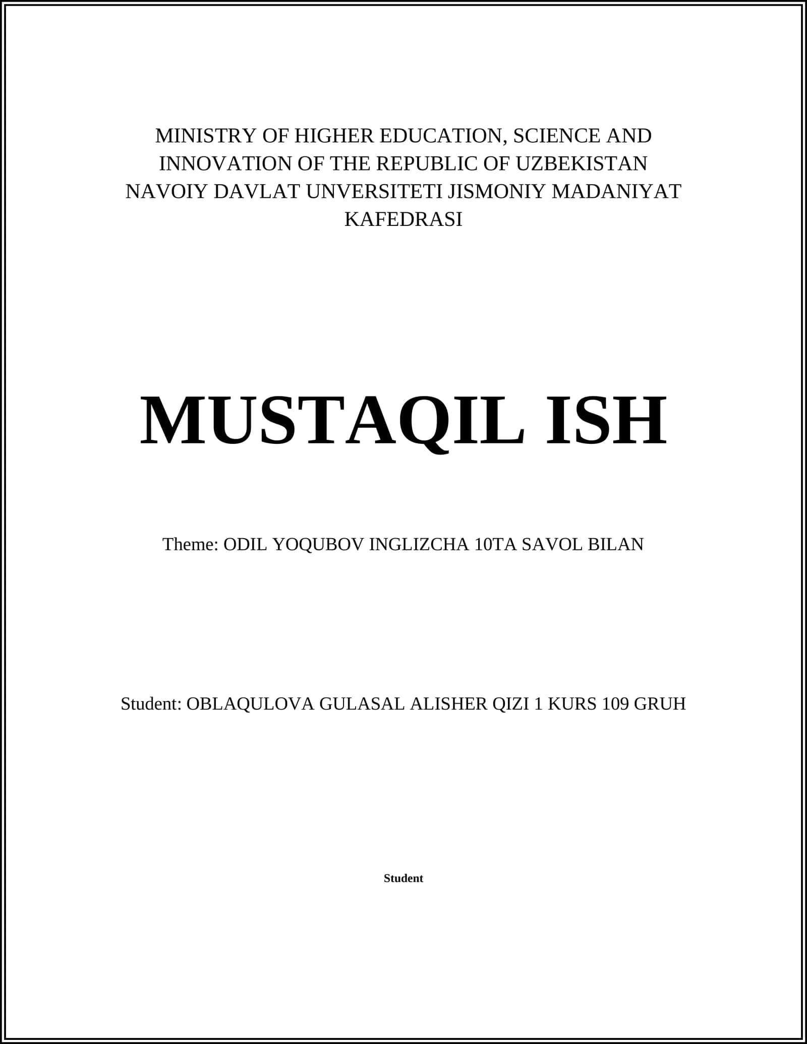 ODIL YOQUBOV INGLIZCHA 10TA SAVOL BILAN