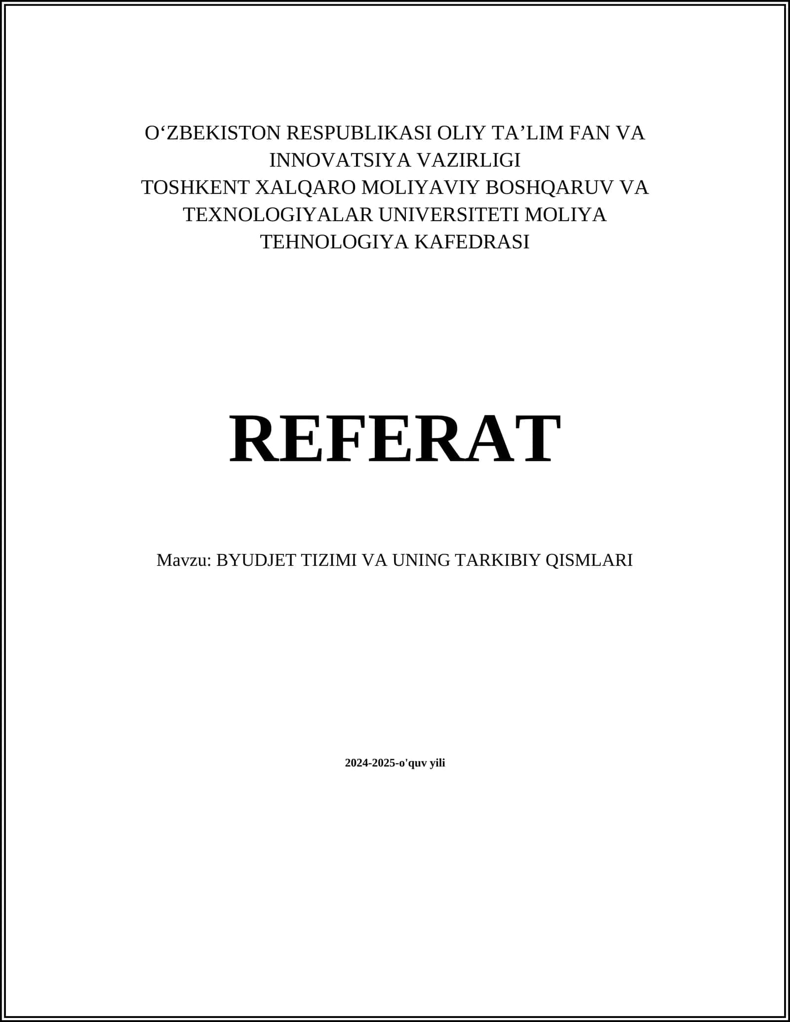 BYUDJET TIZIMI VA UNING TARKIBIY QISMLARI