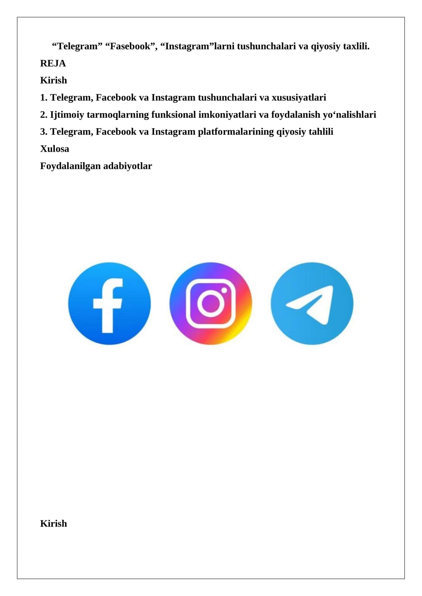 Telegram, Facebook va Instagram tushunchalari va qiyosiy taxlili