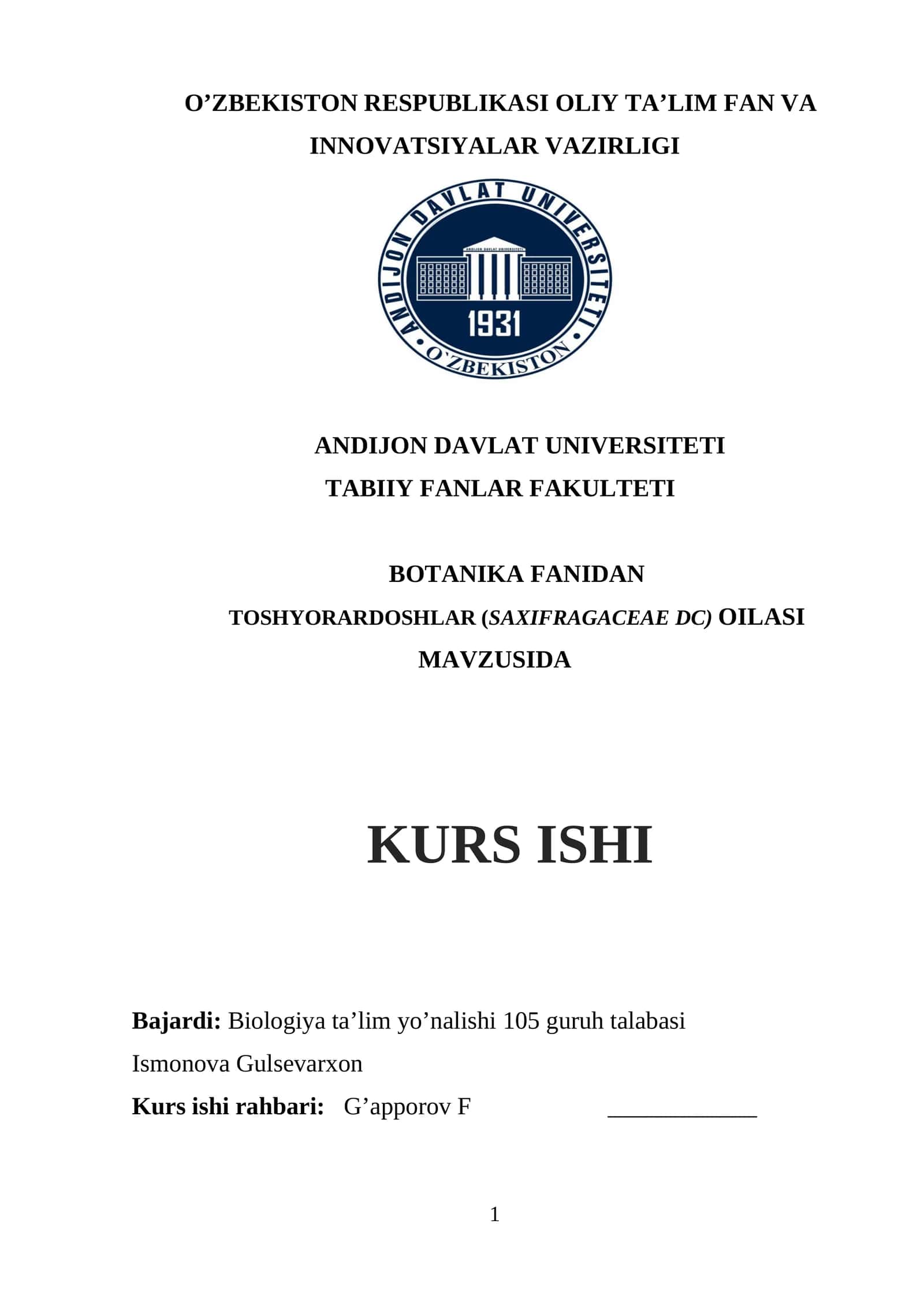TOSHYORARDOSHLAR (SAXIFRAGACEAE DC) oilasi MAVZUSIDA KURS ISHI