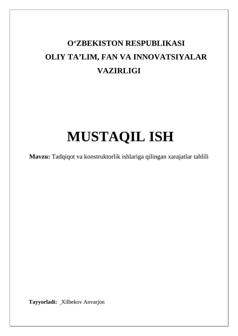 Tadqiqot va konstruktorlik ishlariga qilingan xarajatlar tahlili