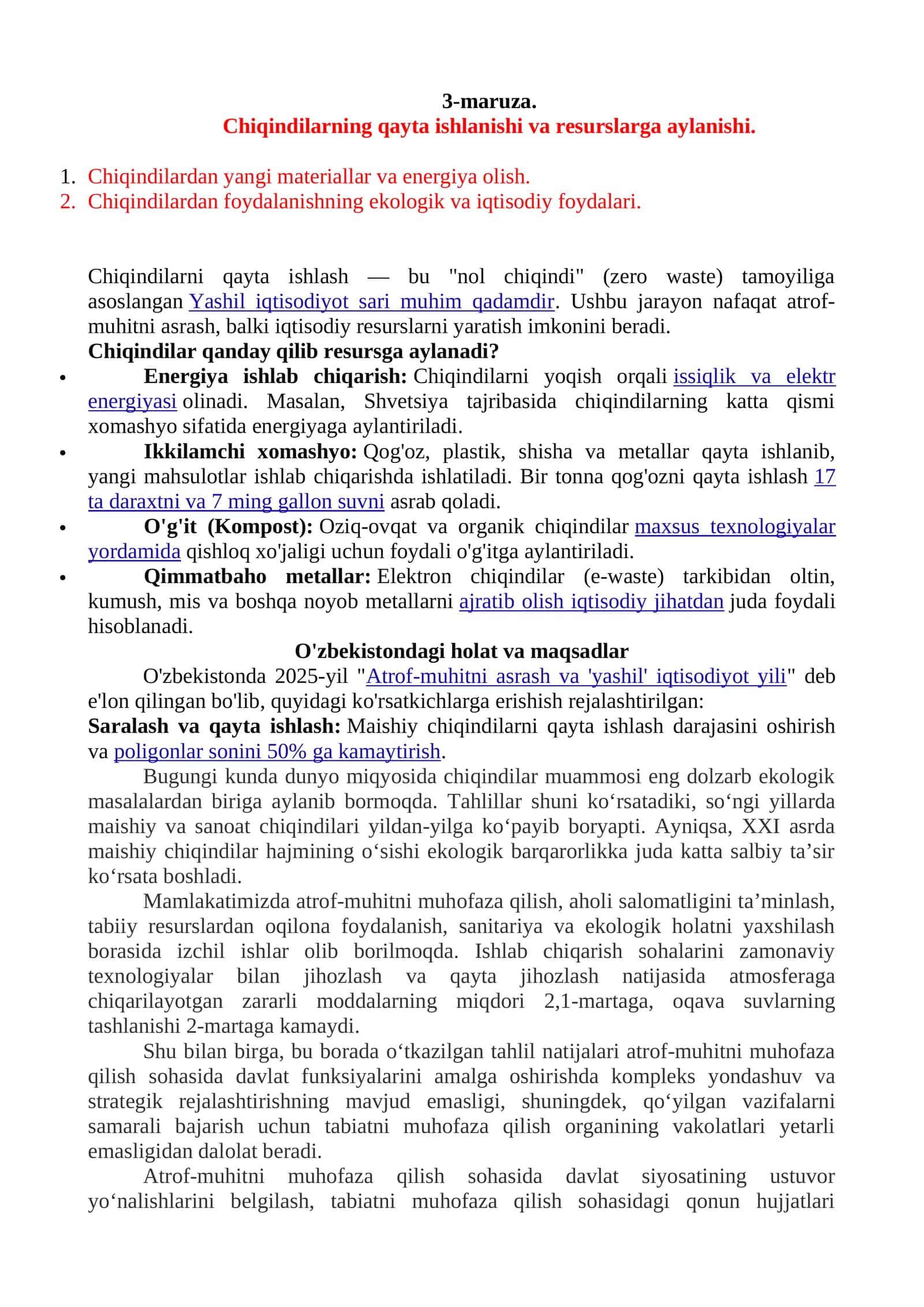 Chiqindilarning qayta ishlanishi va resurslarga aylanishi