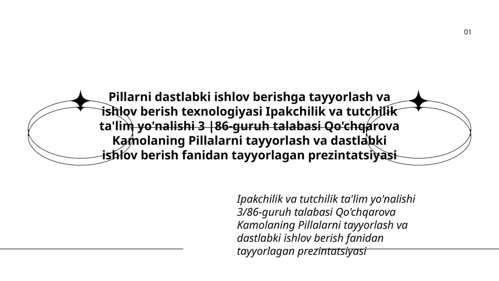 Pillarni dastlabki ishlov berishga tayyorlash va ishlov berish texnologiyasi Ipakchilik va tutchilik ta'lim yo'nalishi 3 |86-guruh talabasi Qo'chqarova Kamolaning Pillalarni tayyorlash va dastlabki ishlov berish fanidan tayyorlagan prezintatsiyasi