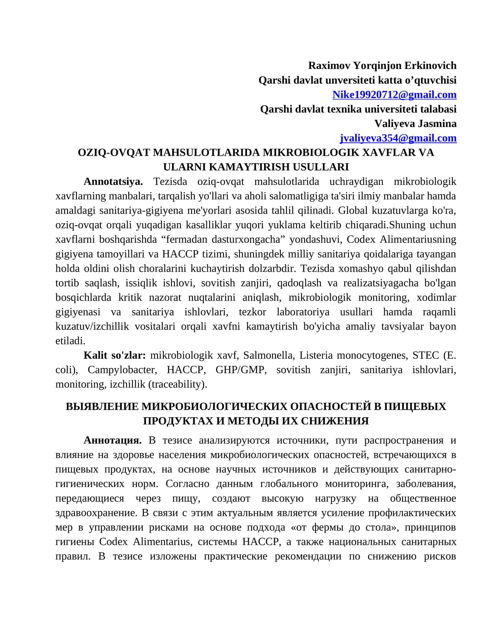 OZIQ-OVQAT MAHSULOTLARIDA MIKROBIOLOGIK XAVFLAR VA ULARNI KAMAYTIRISH USULLARI