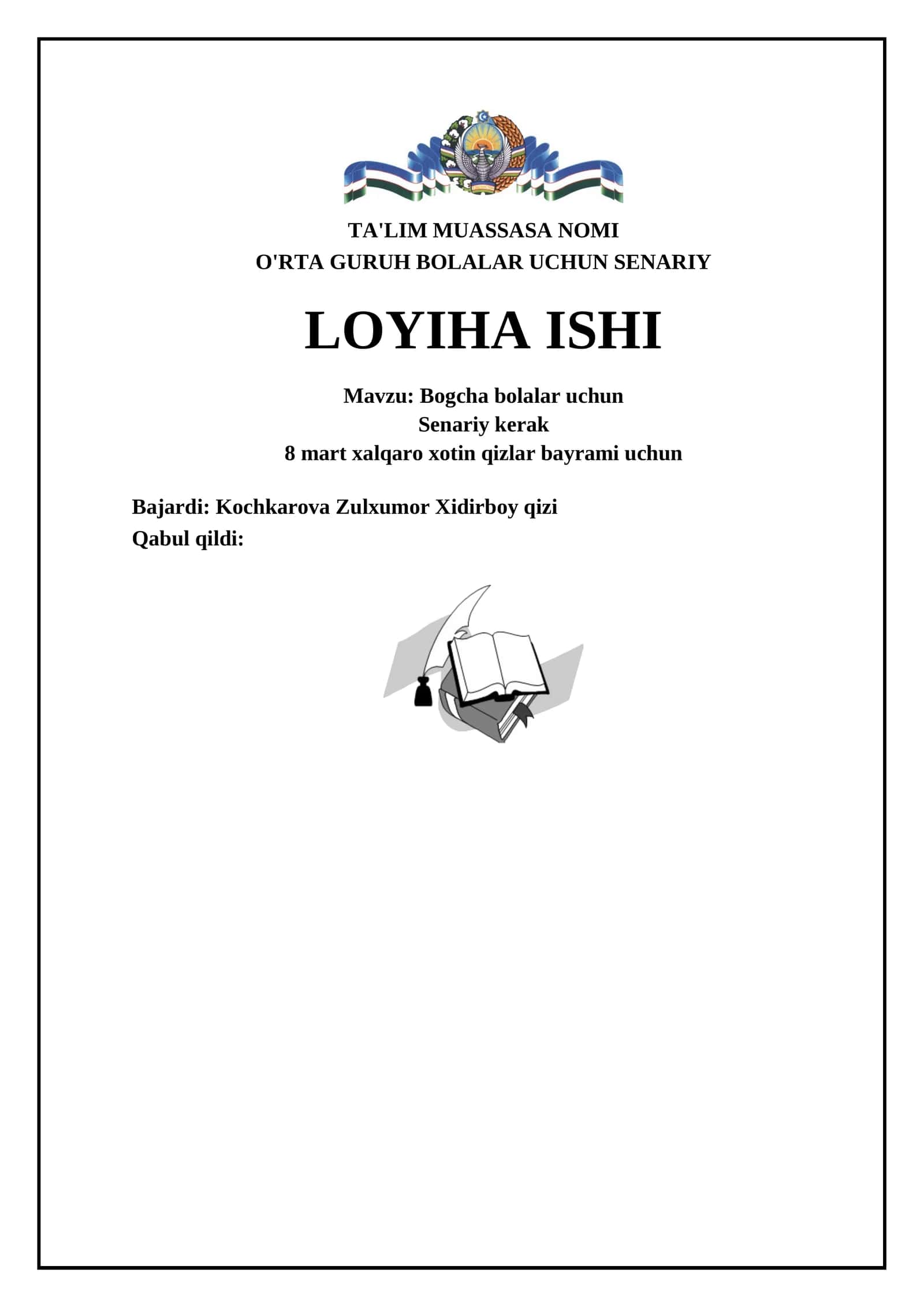 O'RTA GURUH BOLALAR UCHUN SENARIY