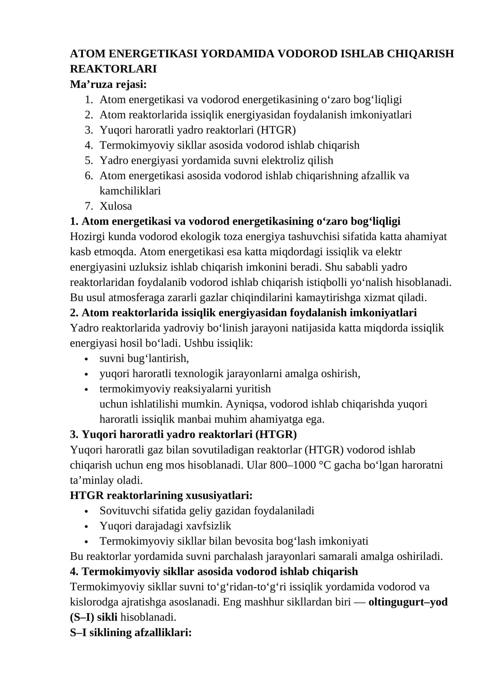 ATOM ENERGETIKASI YORDAMIDA VODOROD ISHLAB CHIQARISH REAKTORLARI