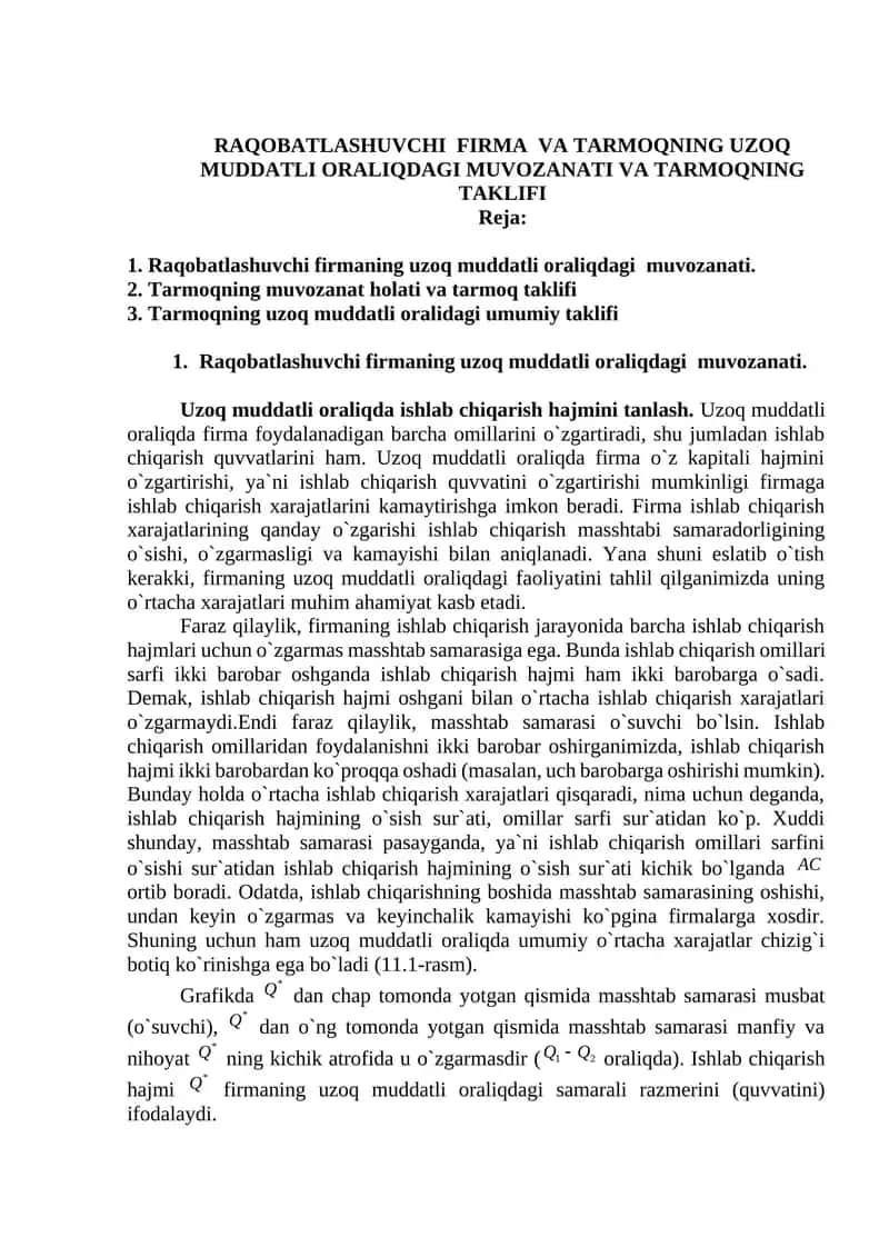 RAQOBATLASHUVCHI FIRMA VA TARMOQNING UZOQ MUDDATLI ORALIQDAGI MUVOZANATI VA TARMOQNING TAKLIFI