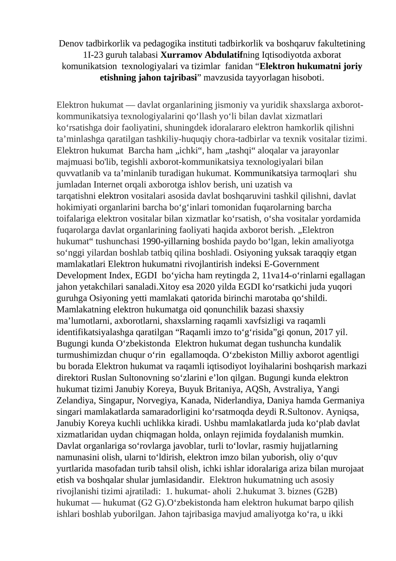 Elektron hukumatni joriy etishning jahon tajribasi
