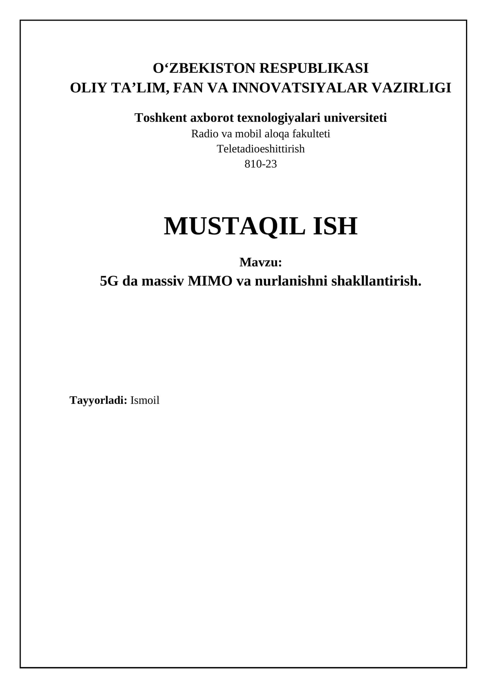 5G da massiv MIMO va nurlanishni shakllantirish