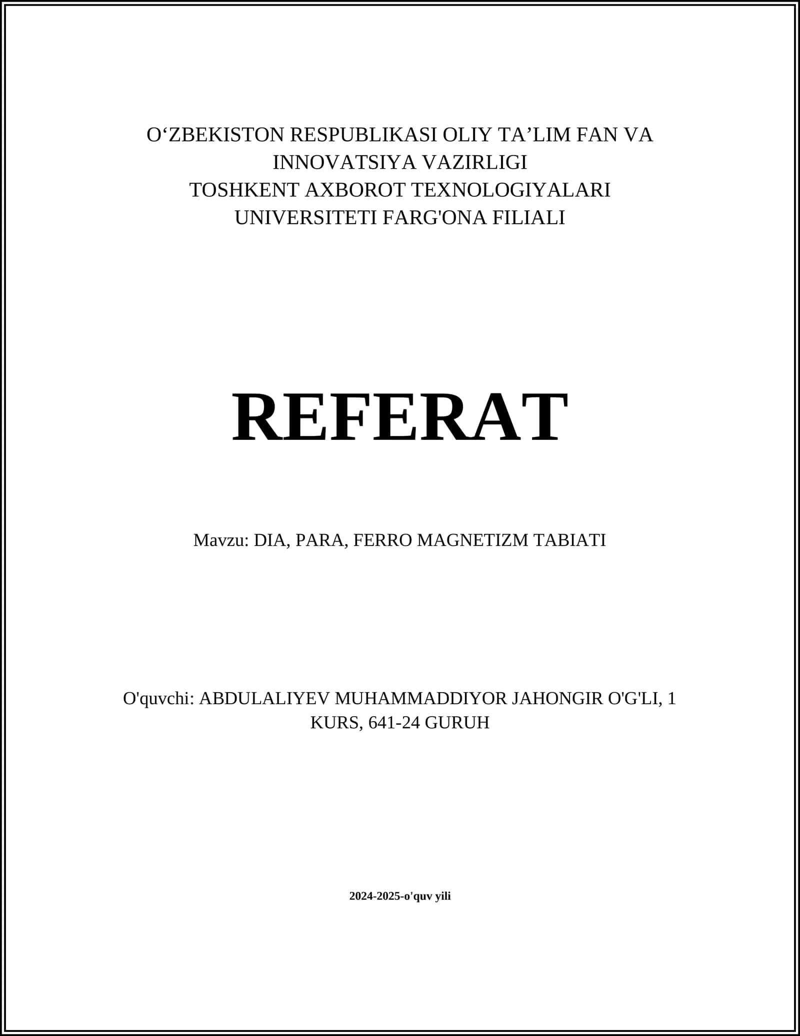 DIA, PARA, FERRO MAGNETIZM TABIATI