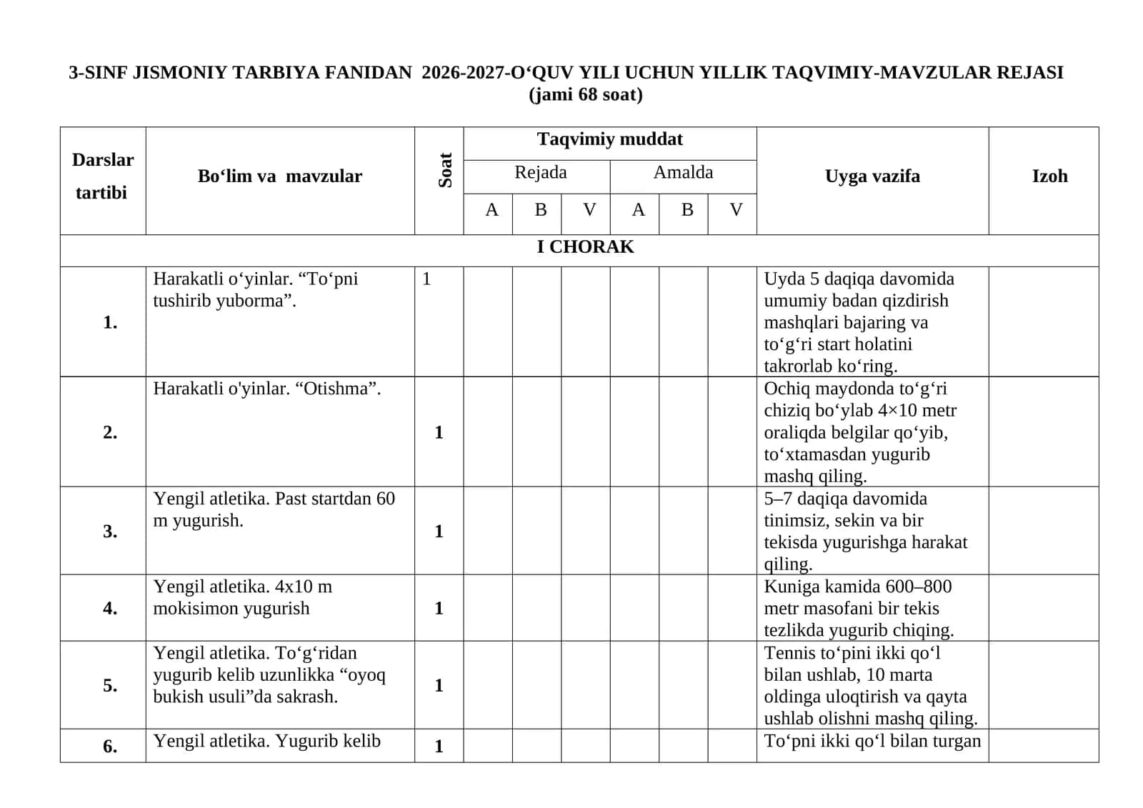 3-sinf jismoniy tarbiya fanidan 2026-2027-o‘quv yili uchun yillik taqvimiy-mavzular rejasi